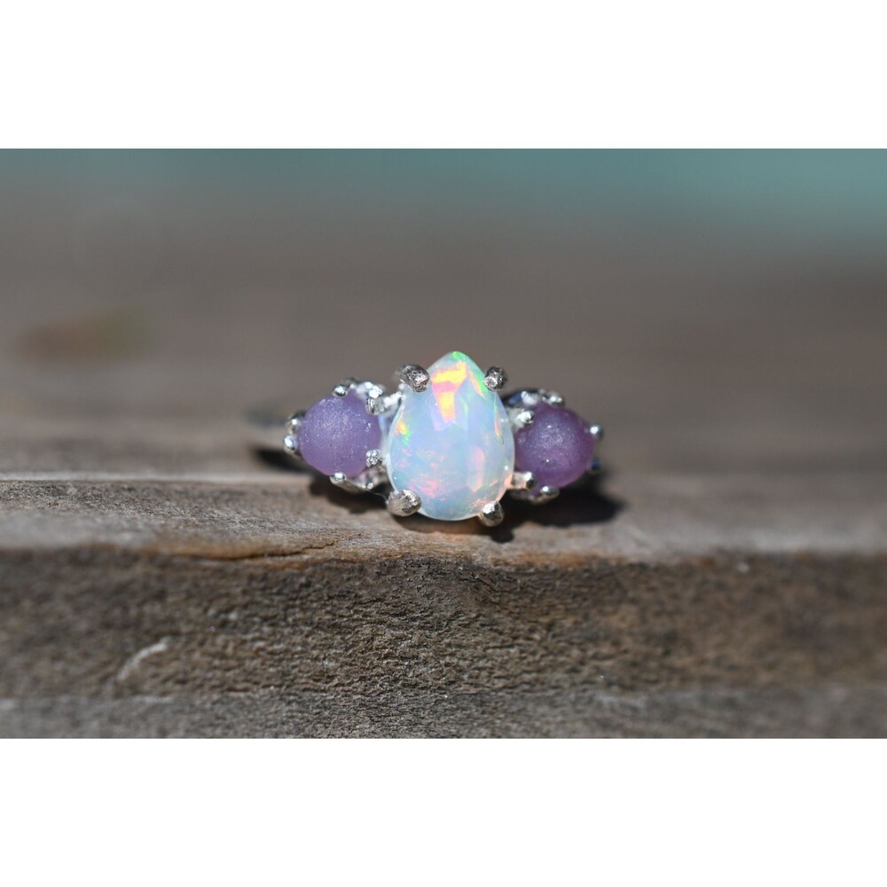 Opal Engagement Ring, Grape Agate, Sterling Silver Art Deco